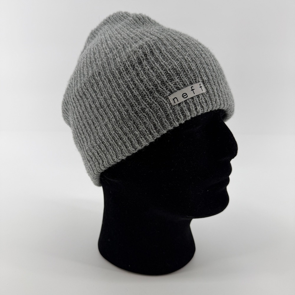 Neff Beanie Hat Unisex One Size Gray Ribbed Knit Logo Patch Slouchy Skater Surf